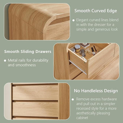 Modern 6 Drawers Dresser for Bedroom, 47" Wide Wood Dressers & Chests of Drawers w/Curved Profile Design, Mid Century Modern Dresser w/Natural Texture for Bedroom, Living Room, Natural Oak