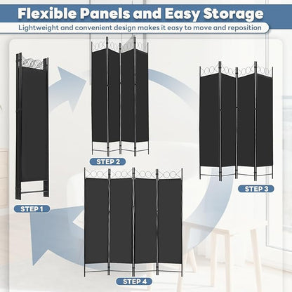 DUMOS 4 Panel Partition Room Divider, 6 Ft Tall Folding Privacy Screen, Freestanding Partition with Steel Frame, Easy Move & Storage, for Home, Office, Bedroom, Black