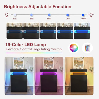 MXV Nightstand Set of 2 with LED Lights,Night Stand with Storage Cabinet for Bedroom,Bedside Table with LED (Black, 17.7IN)