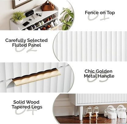 VINGLI White Fluted Shoe Storage Cabinet for Entryway with 3 Flip Drawers, Narrow Shoe Organizer with Fluted Panel, Modern Freestanding Wood Shoe Cabinet for Foyer, Hallway (White, 3 Flip Drawers)