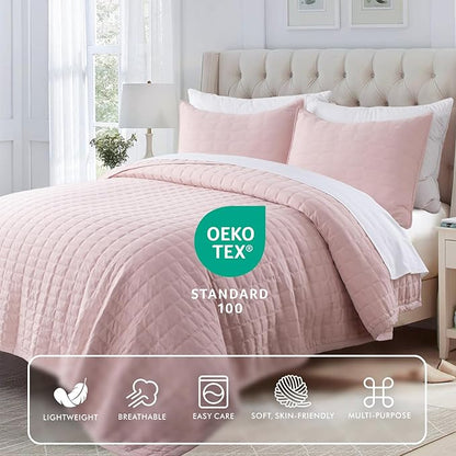 KASENTEX King XL Quilt Set 108"x98" – Soft Washed 3-Layer Lightweight Bedspread, Minimalist Nordic Design, All-Season Spring & Summer Quilt Set (1 Quilt + 2 Pillow Shams), Blush Pink