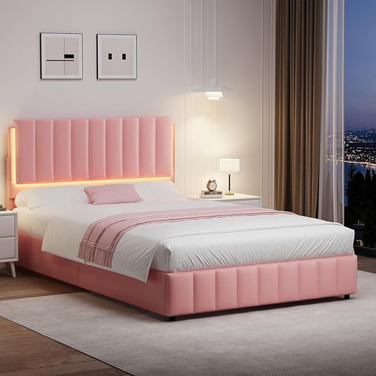 Full Size Bed Frame with LED Lights, Faux Leather Upholstered Platform Bed with Headboard and Wooden Slats Support, No Box Spring Needed, Noise-Free, Easy Assembly, Pink