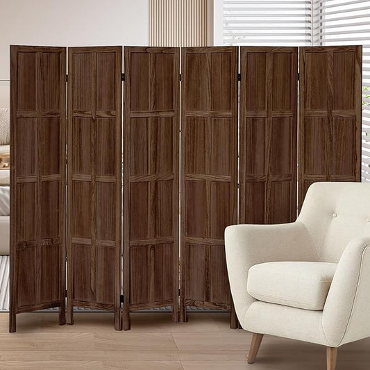 Leesinwing Wood Room Divider 6 Panel Folding Privacy Screen, Classic 5.6Ft Indoor Wooden Partition, Portable Partition Wall Divider for Room Separation, Home, Office, Bedroom, Restaurant (Brown)