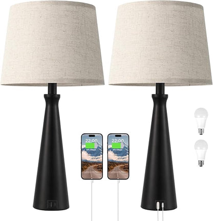 Seealle Modern Table Lamps Set of 2 - Touch Bedside Lamp for Nightstand with Dual USB C+A,3-Way Dimmable Black Nightstand Lamps for Living Room Bedroom End Table with Beige Shade(Bulb Included)