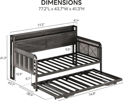 LIKIMIO Twin Daybed with Trundle Bed, Storage Headboard with Charging Station, Sofa Day Bed with Strong Supports for Living Room, Bedroom, and Guest Room, Charcoal Grey
