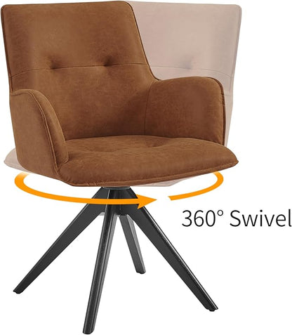 Art Leon Mid Century Desk Chair - Faux Leather Upholstered Office Chair No Wheels, Swivel Accent Chair with Black Oak Wood Legs for Small Space Living Room Bedroom, Set of 2, Brown