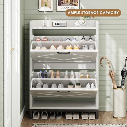 Shoe Cabinet, Shoe Storage Cabinet with 2 Flip Drawers & Adjustable Shelf, Space-Saving Shoe Organizer – Holds 12+ Pairs, Narrow Shoe Cabinet Storage for Entryway/Hallway（White）
