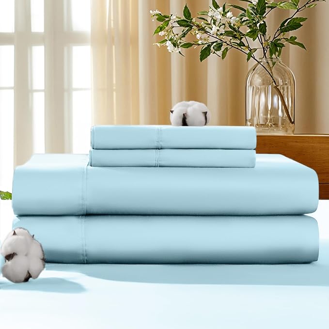 LBRO2M 100% Cotton Sheets Set Deep Pocket 19", 1000 Thread Count Queen Size 4 Piece Bed Sheet Sets Soft Comfortable Bedding All Season (Queen, Light Blue)