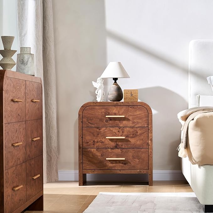 Farmhouse Nightstand, 23.5" Curved Modern Night Stand with 3-Drawer, Bedside Table, End Table for Bedroom, Storage Cabinet for Living Room Home Office Entryway, Dark Burl