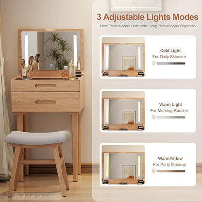 Solid Wood Small Vanity Desk with Mirror and Lights, Narrow Makeup Vanity for Small Space, Flip Top Vanity Side Table, 3 Color Modes & Adjustable Brightness, 19.6" Slim Dressing Table, Natural
