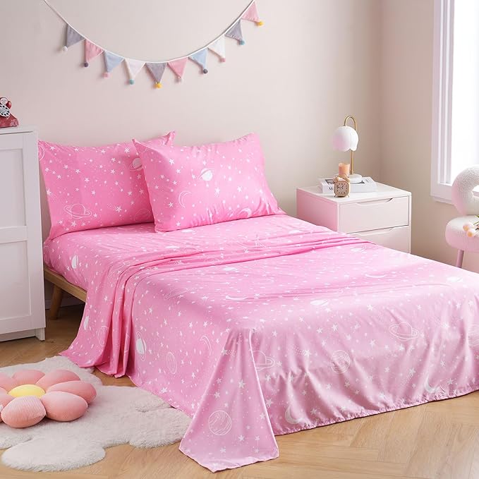 JSD Gradient Pink Moon Stars Kids Sheet Set Full Size, 4 Piece Space Theme Microfiber Sheets Deep Pocket