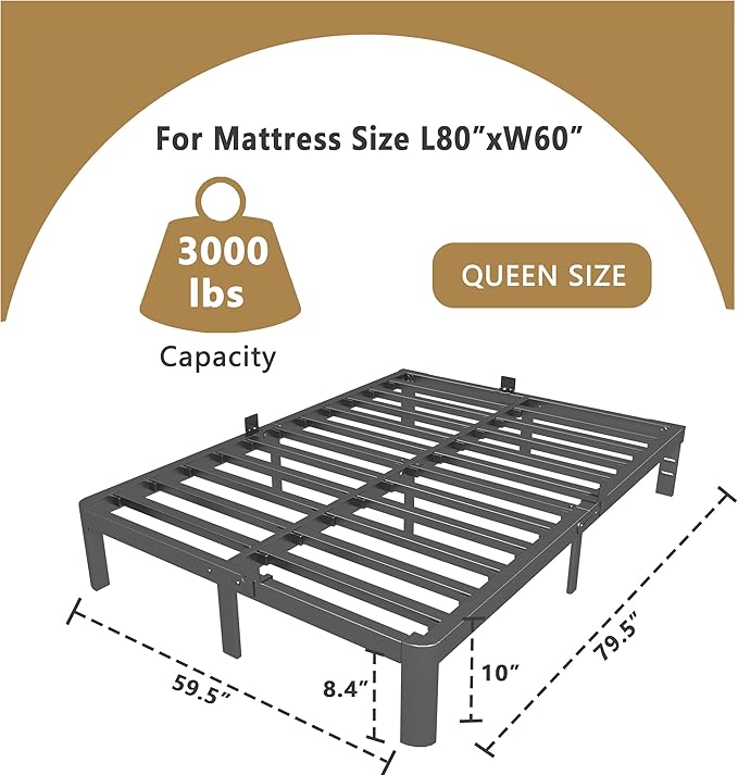 ITIMIDI 10 Inch Bed Frame Queen Size with Metal Gaskets, Heavy Duty Queen Platform Bed Frame No Box Spring Needed, DIY Headboard, Anti-Slip Mattress Stopper, Round Corner Leg, Easy Assembly, Black