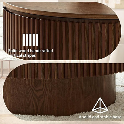 LKTART Round Coffee Table for Living Room, Accent Fluted Drum Coffee Table with Storage, Modern Solid Wood Veneered Circle Center Tea Table for Small Space Apartment (31.5''D×14''H-Walnut)