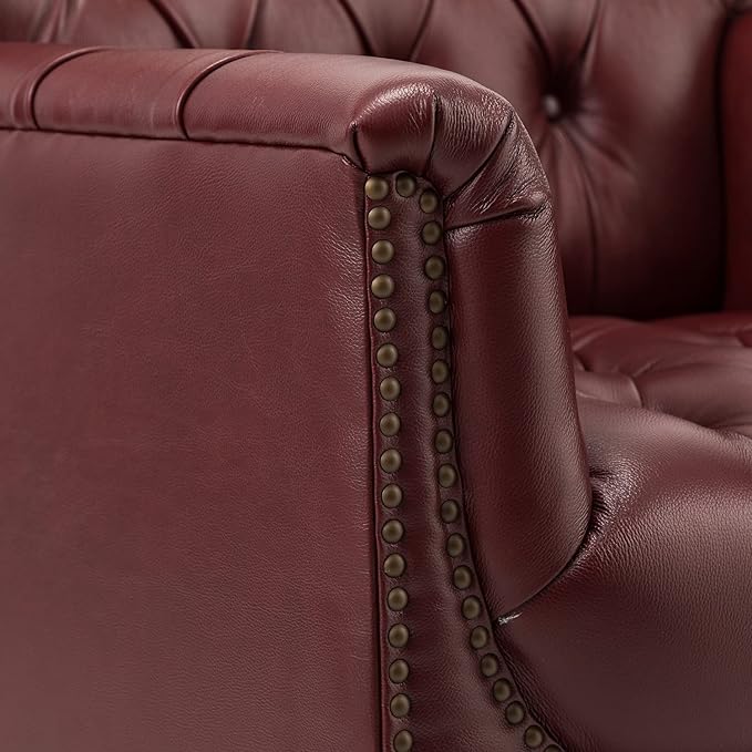 HULALA HOME Mid Century Modern Leather Club Chairs Set of 2, Top-Grain Genuine Leather Armchairs with Button-Tufted Back & Solid Wood Legs, Accent Chairs for Living Room/Bedroom/Home Office, Burgundy