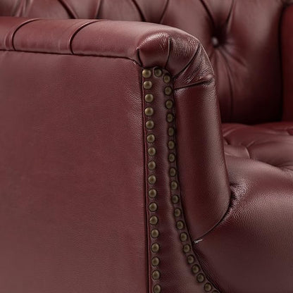 HULALA HOME Mid Century Modern Leather Club Chairs Set of 2, Top-Grain Genuine Leather Armchairs with Button-Tufted Back & Solid Wood Legs, Accent Chairs for Living Room/Bedroom/Home Office, Burgundy