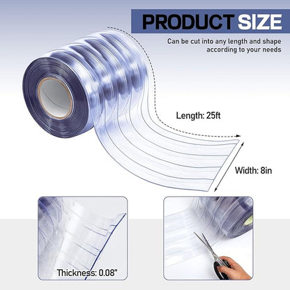 Moukeren Plastic Door Curtain for Winter 26 ft x 8 Inch Thermal Insulated Garage Door Strip Curtains Smooth Waterproof Clear PVC Strip Curtain for Warehouse Freezer, 0.08" Thickness(Striped)