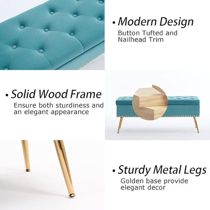 Velvet Storage Bench with Gold Legs& Nailhead Trim, 46" Wide Upholstered Modern Bedroom Bench for End of Bed, Tufted Ottoman for Entryway Living Room Dining Room (Sage Green, 46" Wide)