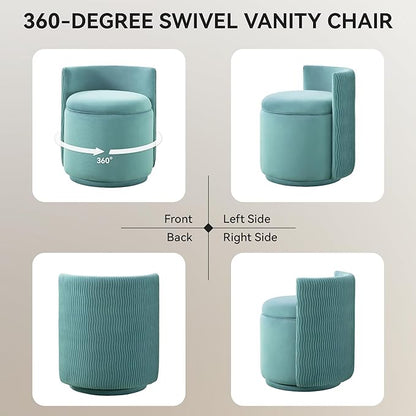 Velvet Vanity Chair with Storage, 360° Swivel Makeup Chair with Wave Back, No Assembly Small Accent Stool for Bedroom, Dressing, Living Room, Teal