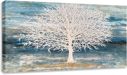 White Tree Canvas Wall Art Large Teal Blue Decor Textured Painting Print with Gold Foil Framed Artwork for Living Room Bedroom(24W*48L