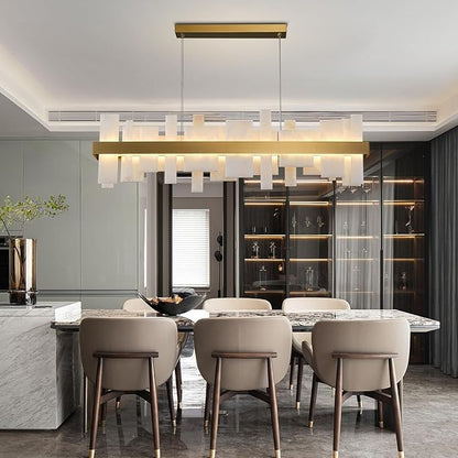 Alabaster Rectangle Chandelier, Natural Spanish Stone Texture Chandeliers, 46.8" Adjustable Alabaster Chandelier Over Table for Dining Room, Bedroom, Island– Modern Luxury Ceiling Lighting