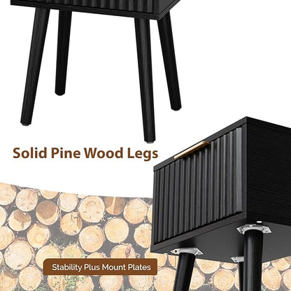 VINGLI Night Stand, Fluted Nightstand Wood, Mid Century Modern Nightstand for Bedroom, Bedside Table, Wood Side Table, Small Night Stand Black, 15.75" W*11.81" D*21.85" H