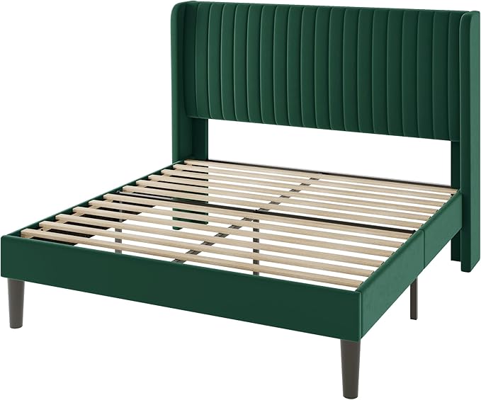 Allewie Queen Size Bed Frame/Velvet Upholstered Platform Bed/Vertical Channel Tufted Wingback Headboard/Strong Wooden Slats/No Box Spring Needed/Easy Assembly/Green