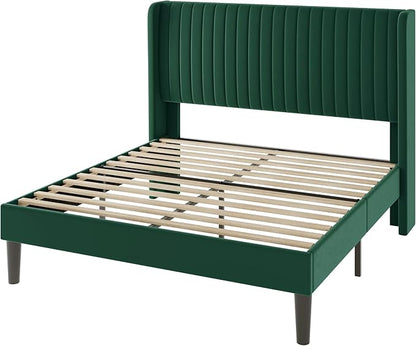 Allewie Queen Size Bed Frame/Velvet Upholstered Platform Bed/Vertical Channel Tufted Wingback Headboard/Strong Wooden Slats/No Box Spring Needed/Easy Assembly/Green