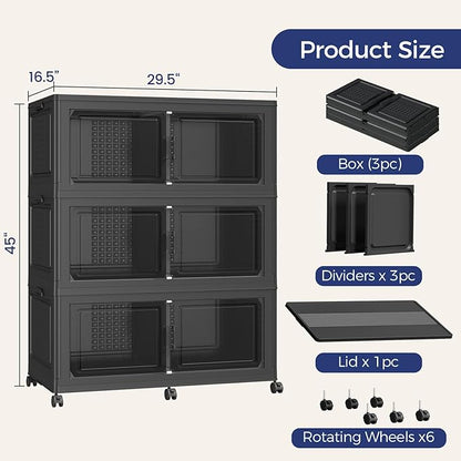 120GAL Extra Large Storage Bins with Lid, 480Qt Stackable Closet Organizers and Drawers, Collapsible Storage Bins with Wheels, Folding Containers for Home, Kitchen Office, 3Pack Black