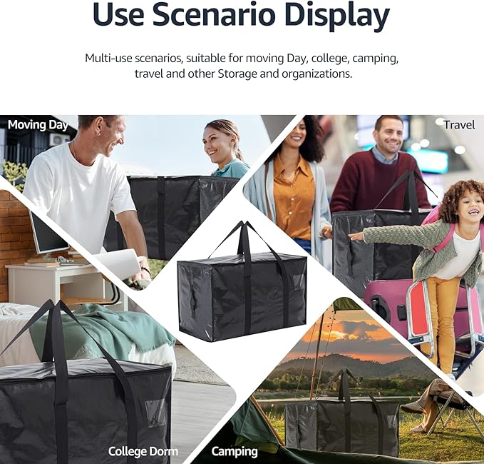Moving Bags Heavy Duty Extra Large, Moving Boxes, Moving Supplies Essentials, Blue Storage Bins with Lids, Plastic Packing Totes, Storage Bags for Clothes with Handles & Zippers(Black, 12 Pack)