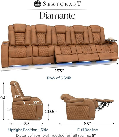 Seatcraft Diamante Zero-Gravity CoolZero Italian Leather Home Theater Seating, Power Headrest, Power Recline, Row of 5 Sofa, Tawny