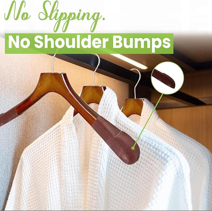 Premium Luxe Wooden Hangers for Women, Wide Shoulder Design for Dresses, Skirts, Sweaters & Blouses, Heavy Duty with Velvet Grip, High Gloss Brown with Brown Velvet, 12 pcs