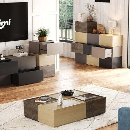 Stackable Storage Drawers, Wooden Drawer Storage Organizer, Modern Nightstands with Wooden Drawers, Small Storage Cabinet, Modular Design, Available in 2 Sizes for Versatile Use Grey and Walnut