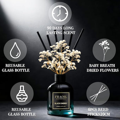 Black Cherry Reed Diffuser, Reed Diffuser Set 6.7 fl oz (200 ml) with 6 Reed Sticks, Home Fragrance Reed Diffuser for Bathroom Shelf House Bedroom Office Decor