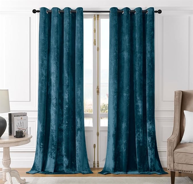 SMILETIME Tranquil Blue Crushed Velvet Curtains 52x84 inch Luxurious Thermal Insulated Soundproof Drapes for Living Room Bedroom Office Soft and Durable Light-Filtering Window Treatments, 2 Panels