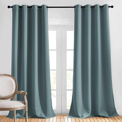 NICETOWN Bedroom Blackout Curtains Panels - Triple Weave Energy Saving Thermal Insulated Solid Grommet Blackout Draperies for Patio, 1 Pair, Greyish Blue, W52 x L95 Inch
