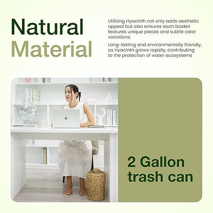 2 Gallons Wicker Waste Basket - Water Hyacinth Bathroom Garbage Can with a Lid - Bathroom Trash Can Boho Style - Wicker Trash Can with Lid for Household, Kitchen - Removable Liner, Iron Frame