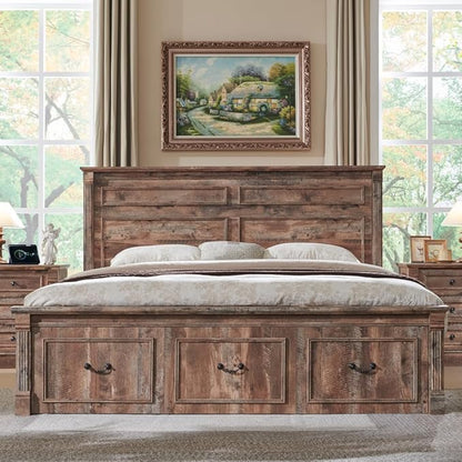 Farmhouse King Size Bed Frame with 51" Tall Headboard, Wood Platform Bed Frame with 20" Tall Roman Column Decoration Footboard & 3 Large Storage Drawers, No Box Spring Needed (Light Brown)