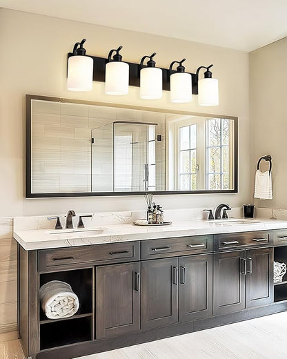 5 Light Bathroom Vanity Light, Morden Black Vanity Light Bathroom Lighting Fixtures Over Mirror Black Wall Sconces with Milky White Frosted Shade ZCVL01BKW-5