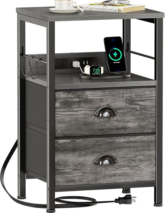 Furologee Nightstand with Charging Station, Night Stand with 2 Fabric Drawers, Side Table with USB Ports, End Table with Storage Shelf, for Living Room/Bedroom, Grey
