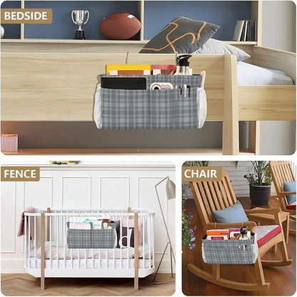Bedside Caddy Hanging Bunk Bed Caddy Bed Organizer Hanging Pocket with 2 Hooks Bedside Storage Organizer Pocket Bag Holder Grey Plaid