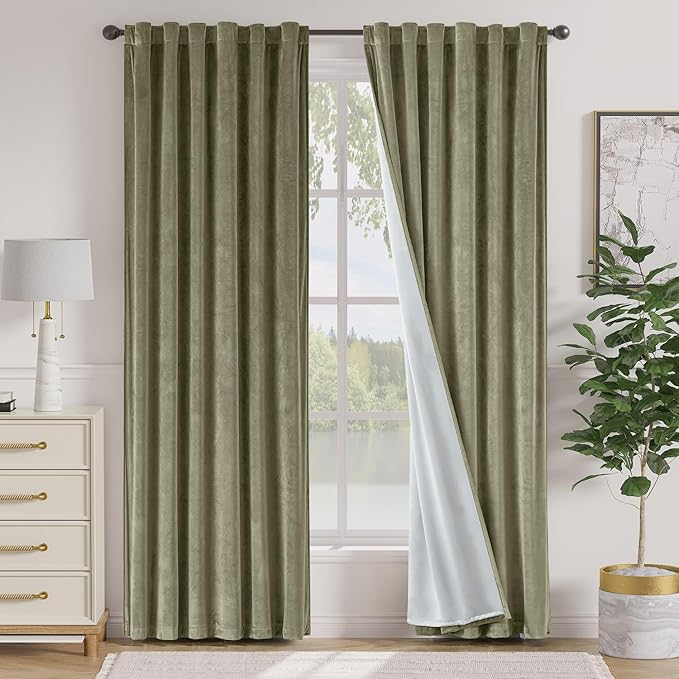 Lazzzy Green Velvet Blackout Curtains 90 Inches Long Thermal Insulated Room Darkening Lined Curtain Drapes Luxury Back Tab Window Treatments for Bedroom Living Room 2 Panels, 52 x 90 Inch, Olive Sage