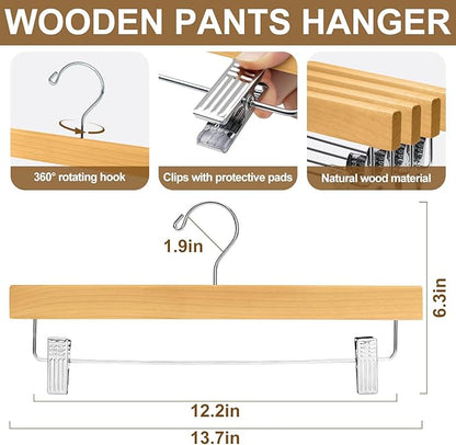 BAGAIL 10 Pack Wooden Pants Hangers with Adjustable Clips, 360°Swivel Hook Space Saving Skirt Holders with Anti-Rust Clips for Trousers, Jeans, Shorts (Natural)
