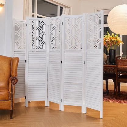 Svimi Folding Room Divider, 66.9 Inch 6 Panels Wood Carved Privacy Screens, Free Assembled Freestanding Portable Separation Wall for Home Office Restaurant Bedroom (White)