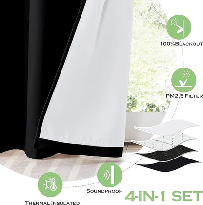 KGORGE Anti Dust Soundproof 100% Blackout Curtains 4 Layers Heavy Duty Energy Efficiency Window Curtains for Living Room Baby Bedroom Home Office Studio, Wide 52 x Long 90 inches, Black, 2 Panels