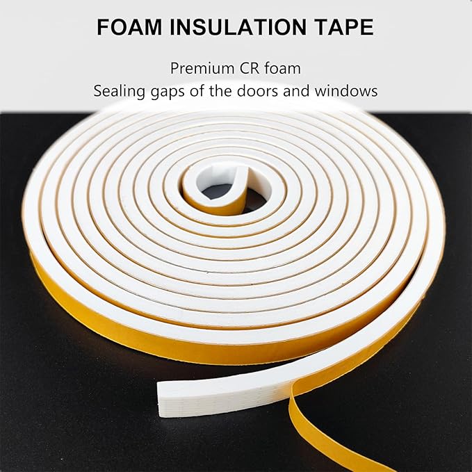 Weather Stripping Door Seal Strip, Strong Adhesive, Weatherproof, Reduce Noise, Gap Filler, Foam Insulation Tape for Doors and Windows (1/2 in x 1/4 in x 26 Ft), White