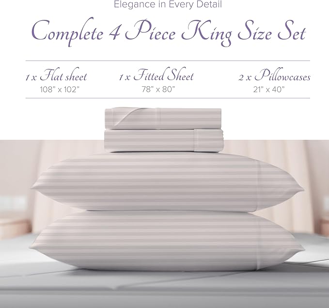 Carressa Linen Luxury Egyptian Cotton King Stripe Sheet Set, 600 Thread Count Extra Long Staple 4 PC Set, King Damask Sheets, Soft, Cooling Sateen Weave Striped Sheets Upto 18" Deep Pocket - Ivory