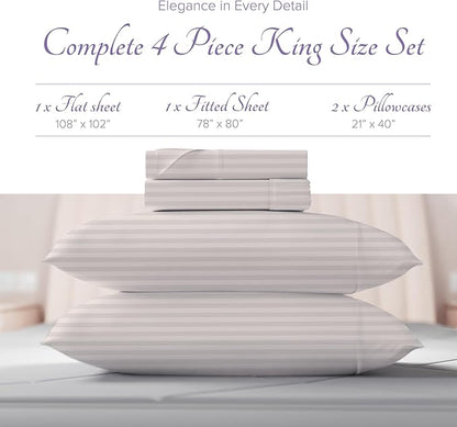 Carressa Linen Luxury Egyptian Cotton King Stripe Sheet Set, 600 Thread Count Extra Long Staple 4 PC Set, King Damask Sheets, Soft, Cooling Sateen Weave Striped Sheets Upto 18" Deep Pocket - Ivory