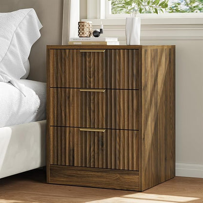 8 Drawer Dresser & 3 Drawer Nightstand Set 3-Piece, Tall Fluted Dresser and Night Stand Set of 2 with Metal Handle, Modern Wood Chest of Drawers Storage Dressers Set for Bedroom, Walnut