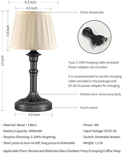 KDG Cordless Portables Table Lamp Set of 2, LED Fabric Shade Small Desk Lamps, 4000mAh Battery Powered Lighting, 2700K Stepless Dimmable Light for Living Room, Dining Room, Bedroom (Mottled Silver)