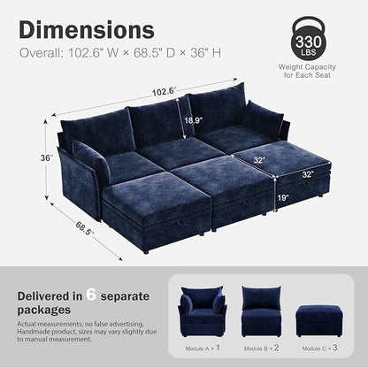 ABCASA 102.6" Luxury Modular Sleeper Sofa Bed 6 Seat Reversible Sectional Couch Deep Seat with Storage Chaises Removable Cover for Living Room, Apartment - Chenille Blue